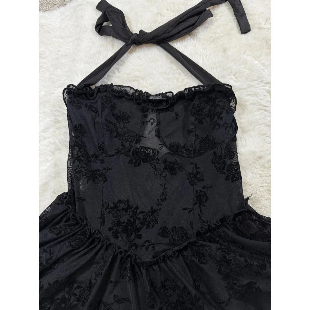 Y2K Whimsigoth Floral Velvet Dress Mesh Halter Romper Goth Whimsigoth Dark XS/S